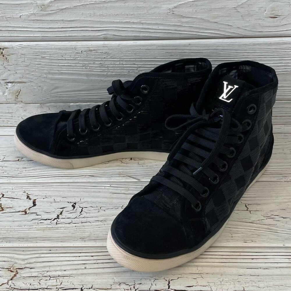 Louis Vuitton Calfskin Suede Sequins Damier Punchy High Top Sneakers - Size 37.5
